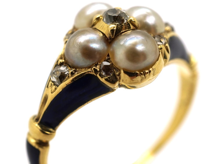 Regency 18ct Gold Blue Enamel, Diamond & Pearl Cluster Ring