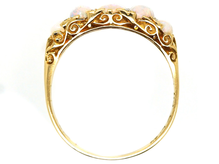 Victorian 18ct Gold, Five Stone Opal & Diamond Carved Half Hoop Ring
