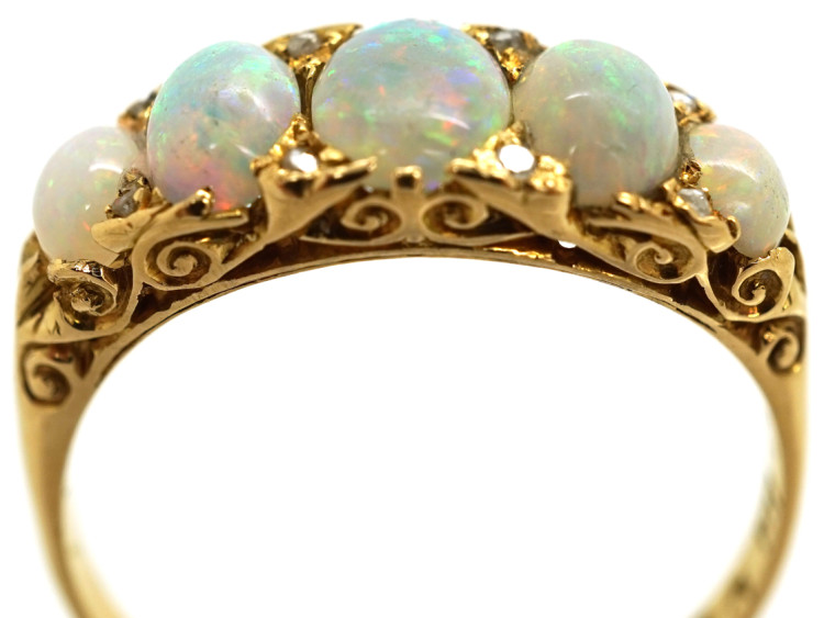 Victorian 18ct Gold, Five Stone Opal & Diamond Carved Half Hoop Ring