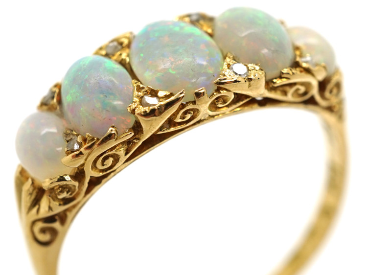 Victorian 18ct Gold, Five Stone Opal & Diamond Carved Half Hoop Ring