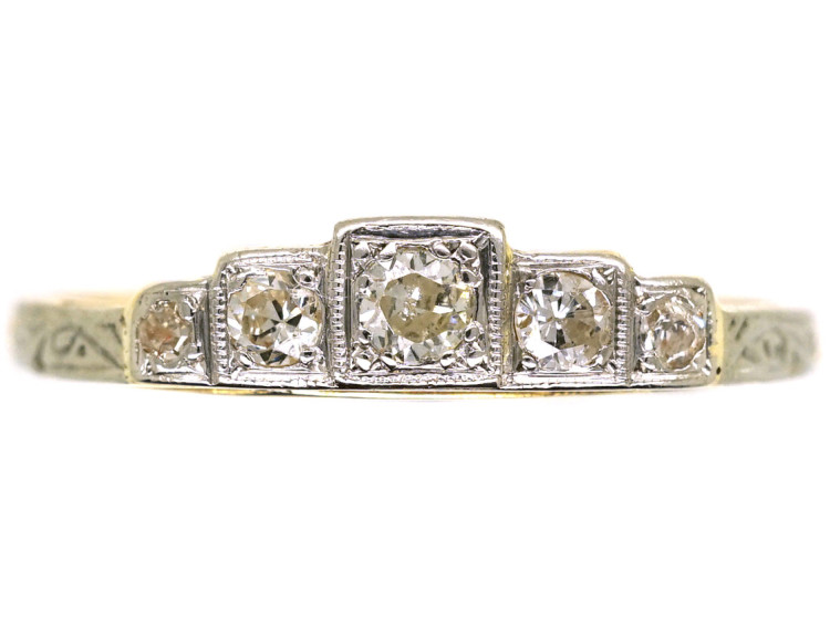 Art Deco 18ct Gold & Platinum Five Stone Diamond Step Cut Ring