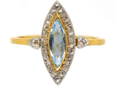 Edwardian 18ct Gold, Platinum, Aquamarine & Rose Diamond Marquise Ring