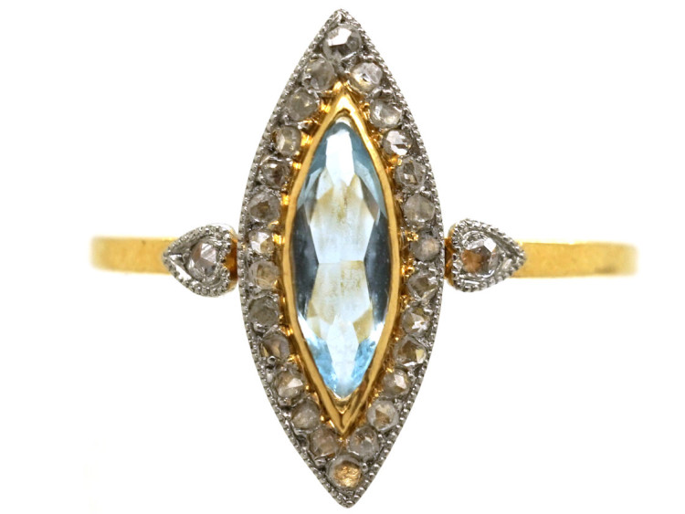 Edwardian 18ct Gold, Platinum, Aquamarine & Rose Diamond Marquise Ring