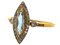 Edwardian 18ct Gold, Platinum, Aquamarine & Rose Diamond Marquise Ring