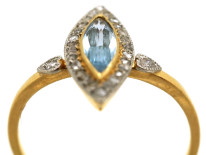 Edwardian 18ct Gold, Platinum, Aquamarine & Rose Diamond Marquise Ring