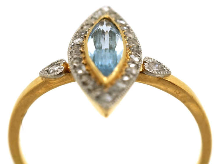 Edwardian 18ct Gold, Platinum, Aquamarine & Rose Diamond Marquise Ring