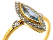 Edwardian 18ct Gold, Platinum, Aquamarine & Rose Diamond Marquise Ring