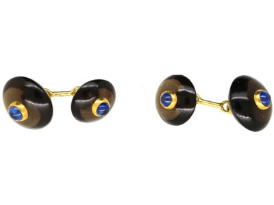 18ct Gold Smoky Quartz & Cabochon Sapphire Cufflinks