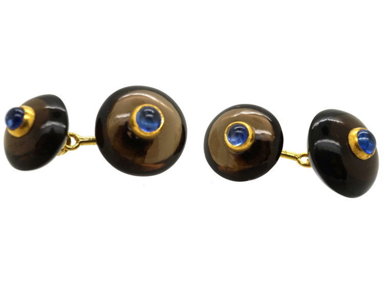 18ct Gold Smoky Quartz & Cabochon Sapphire Cufflinks