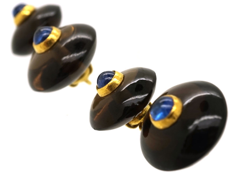 18ct Gold Smoky Quartz & Cabochon Sapphire Cufflinks