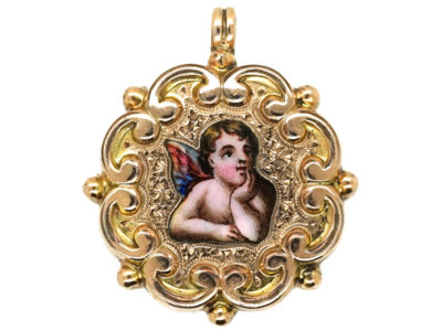 Edwardian 15ct Gold & Enamel Cherub Pendant