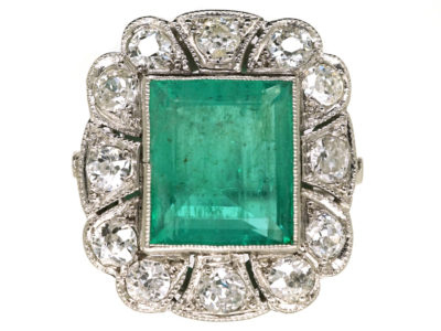 Art Deco Platinum Large Emerald & Diamond Ring