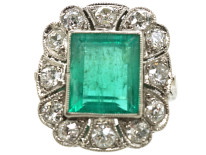 Art Deco Platinum Large Emerald & Diamond Ring