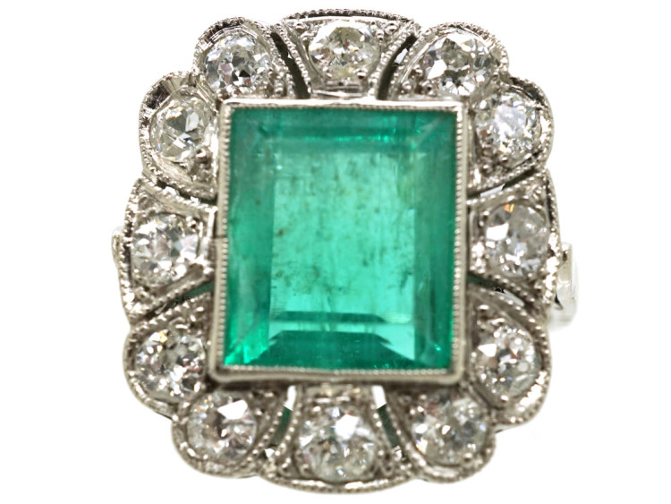 Art Deco Platinum Large Emerald & Diamond Ring