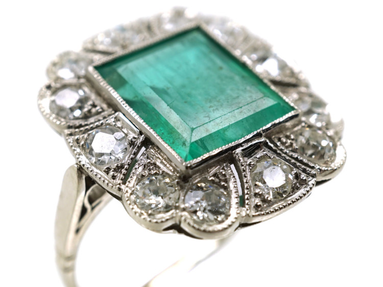 Art Deco Platinum Large Emerald & Diamond Ring