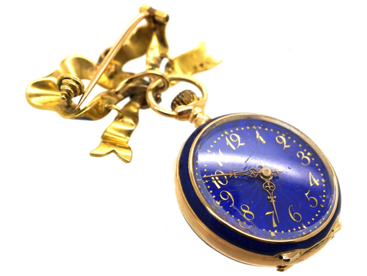 Edwardian 18ct Gold, Enamel & Rose Diamond Pocket Watch With Matching Bow Brooch