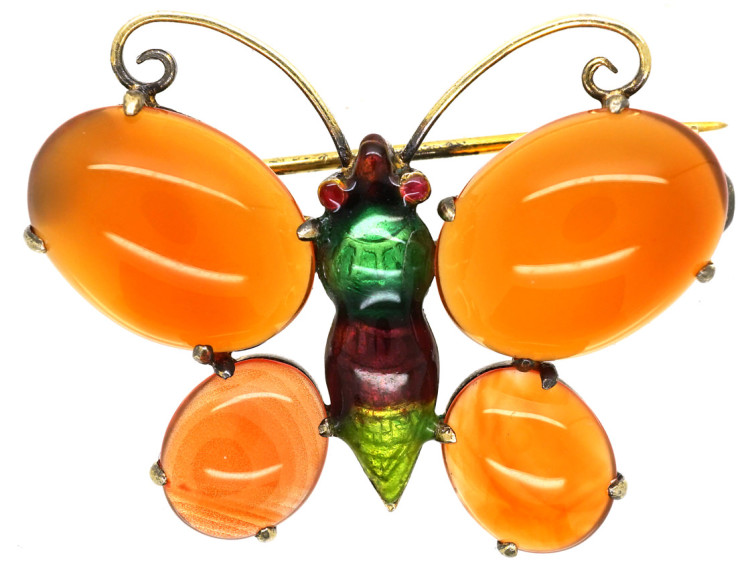 Silver, Enamel & Carnelian Butterfly Brooch