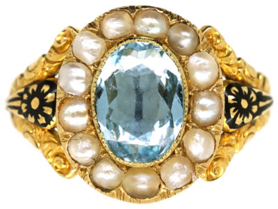 Victorian Gold, Enamel, Aquamarine & Natural Split Pearl Cluster Mourning Ring Victorian Gold, Enamel, Aquamarine & Natural Split Pearl Cluster Mourning Ring