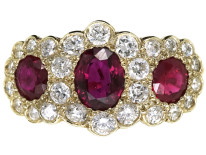 Edwardian 18ct Gold Ruby & Diamond Triple Cluster Ring