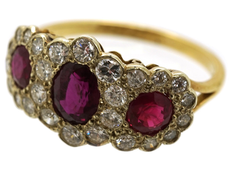 Edwardian 18ct Gold Ruby & Diamond Triple Cluster Ring