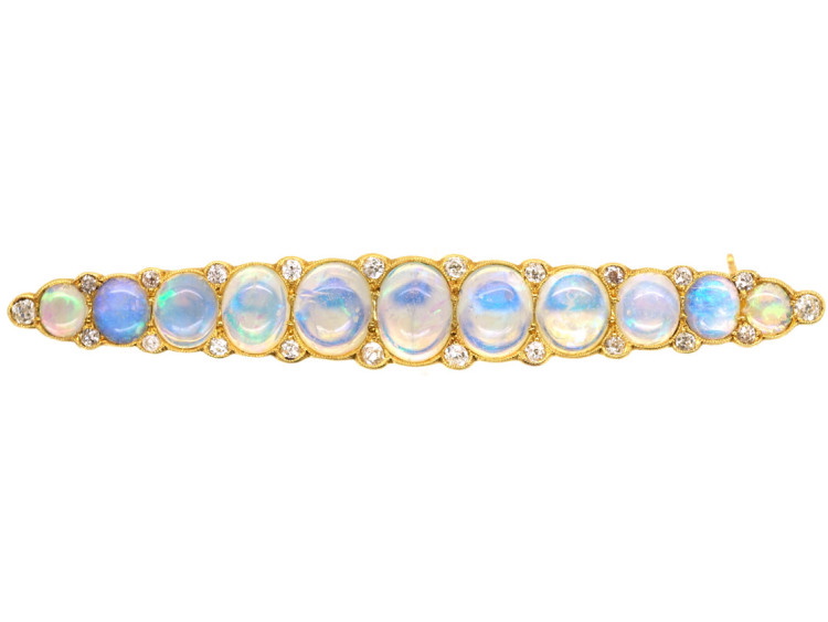 Edwardian 15ct Gold, Opal & Diamond Line Brooch