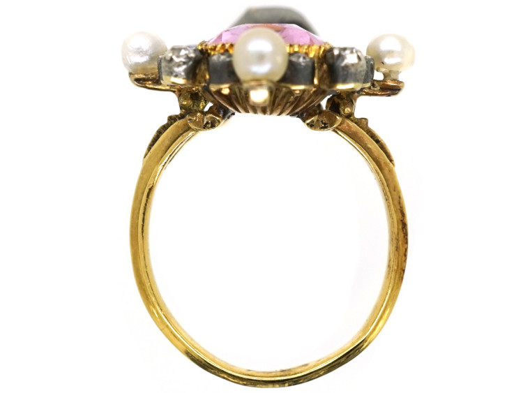 Edwardian 15ct Gold, Pink Topaz, Diamond & Natural Split Pearl Ring