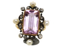 Edwardian 15ct Gold, Pink Topaz, Diamond & Natural Split Pearl Ring
