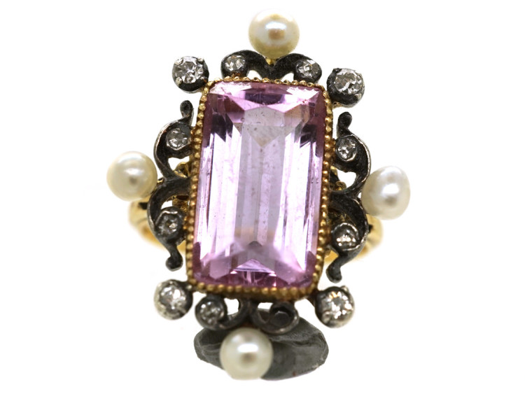 Edwardian 15ct Gold, Pink Topaz, Diamond & Natural Split Pearl Ring