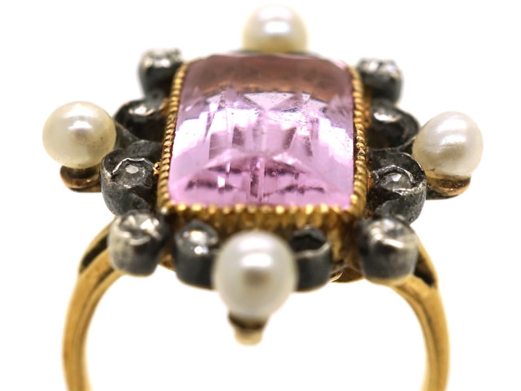 Edwardian 15ct Gold, Pink Topaz, Diamond & Natural Split Pearl Ring