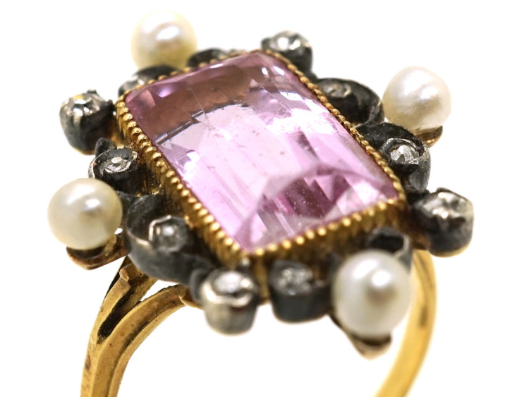 Edwardian 15ct Gold, Pink Topaz, Diamond & Natural Split Pearl Ring