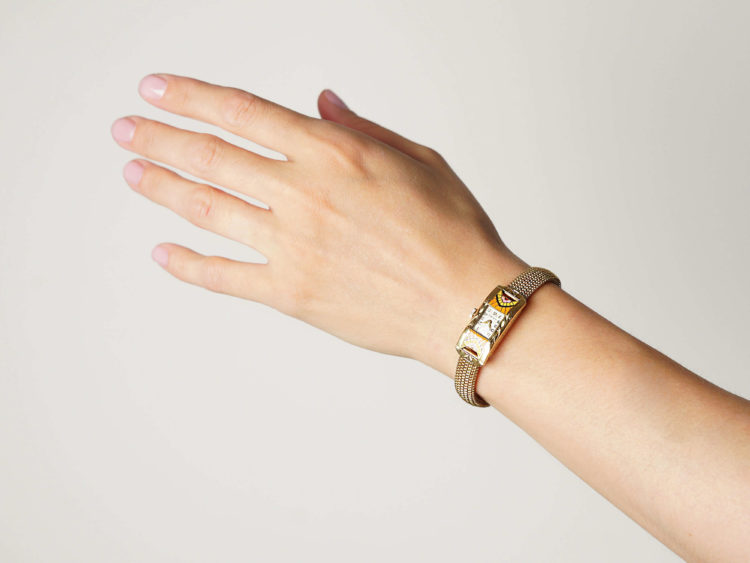 Art Deco 18ct Gold & Enamel Watch on Mesh Strap