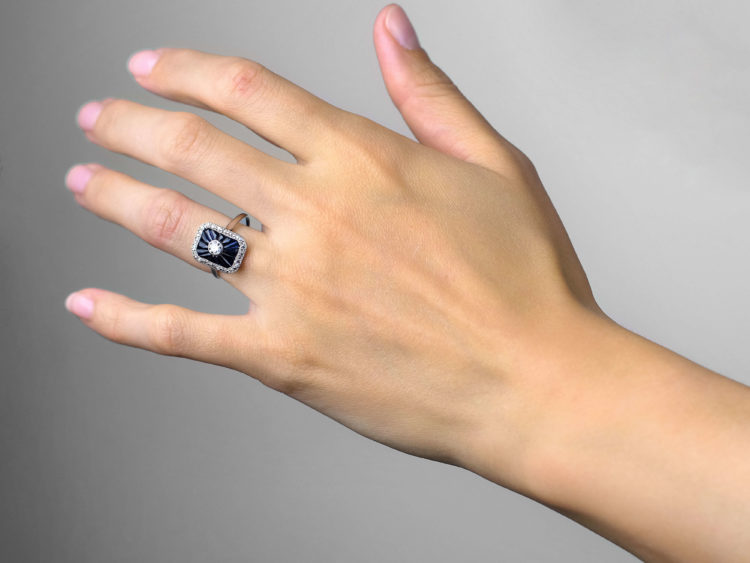 Art Deco 18ct White Gold, Diamond & Synthetic Sapphire Rectangular Ring