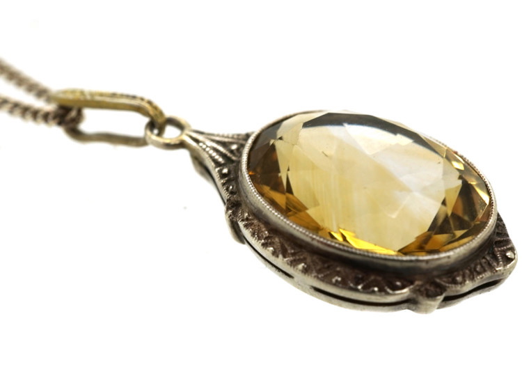 Silver Art Deco Pendant set with a Citrine on a Silver Chain