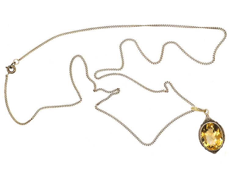 Silver Art Deco Pendant set with a Citrine on a Silver Chain