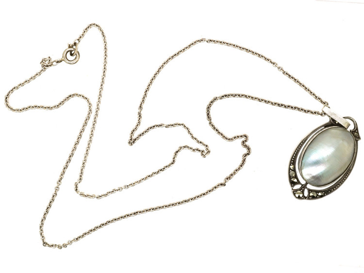 Art Deco Silver & Blister Pearl Pendant on a Silver Chain