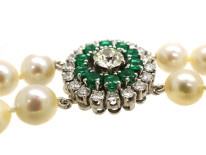 Cultured Pearl Double Strand Necklace With Emerald & Diamond Clasp