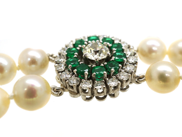 Cultured Pearl Double Strand Necklace With Emerald & Diamond Clasp