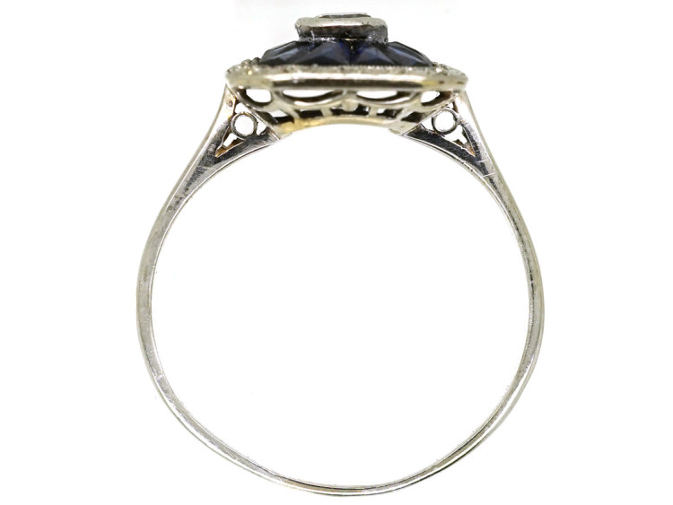 Art Deco 18ct White Gold, Diamond & Synthetic Sapphire Rectangular Ring