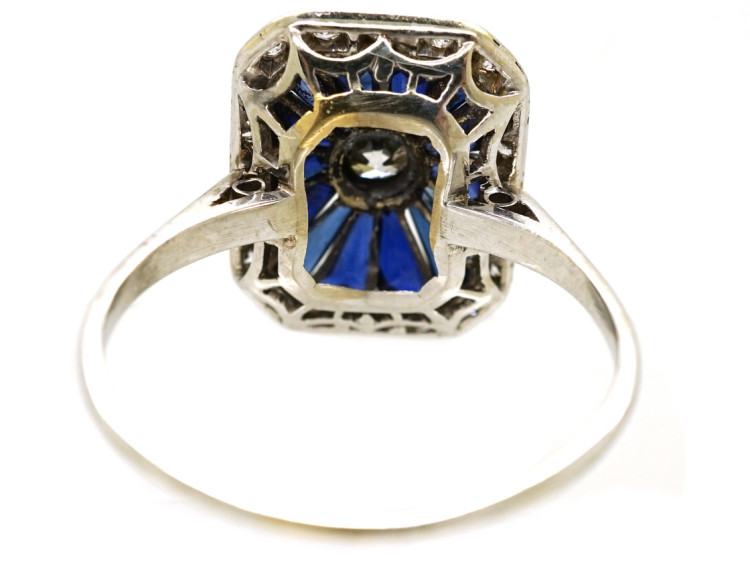Art Deco 18ct White Gold, Diamond & Synthetic Sapphire Rectangular Ring