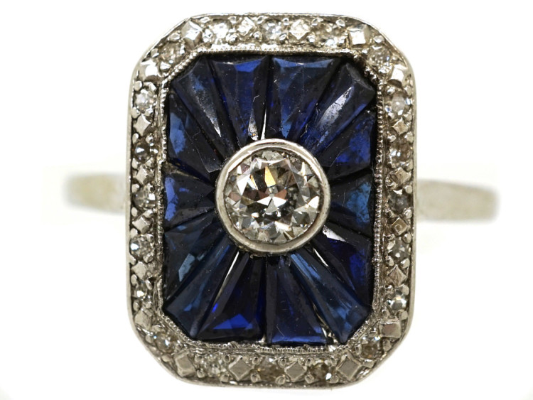 Art Deco 18ct White Gold, Diamond & Synthetic Sapphire Rectangular Ring