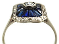 Art Deco 18ct White Gold, Diamond & Synthetic Sapphire Rectangular Ring