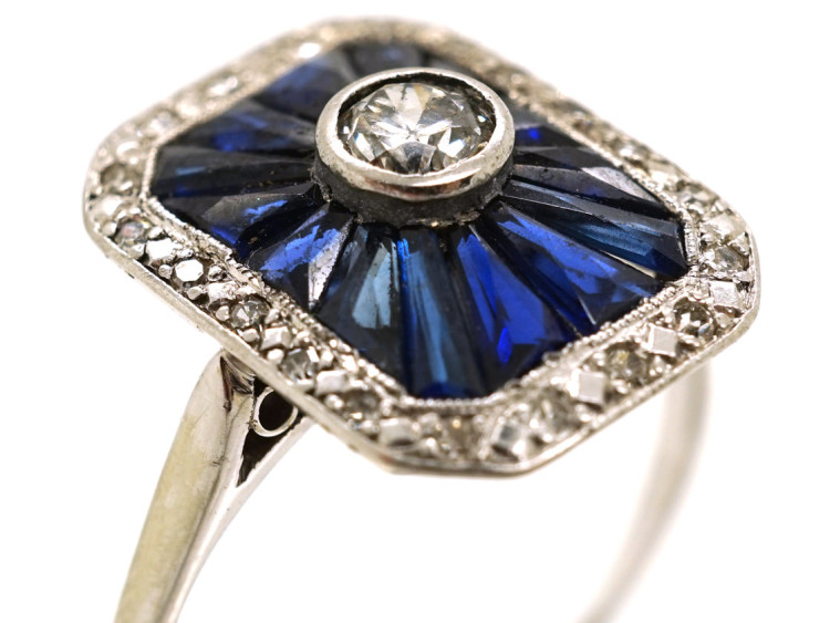 Art Deco 18ct White Gold, Diamond & Synthetic Sapphire Rectangular Ring