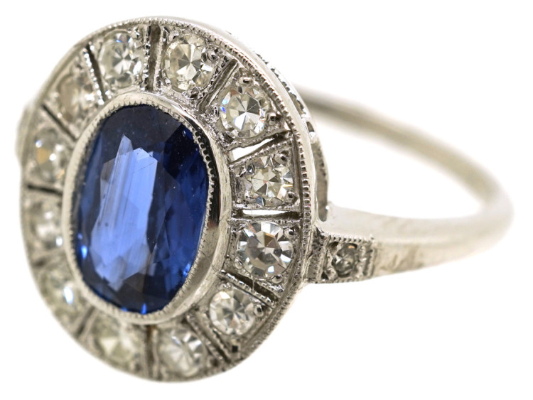 Edwardian Platinum, Sapphire & Diamond Oval Cluster Ring