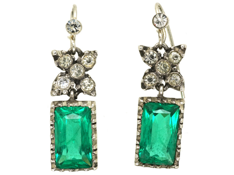 Edwardian Silver & Green & White Paste Drop Earrings