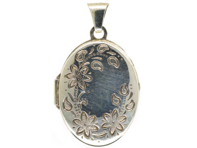 Small Silver Oval Locket With Flower Decoration