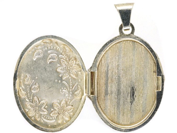 Small Silver Oval Locket With Flower Decoration