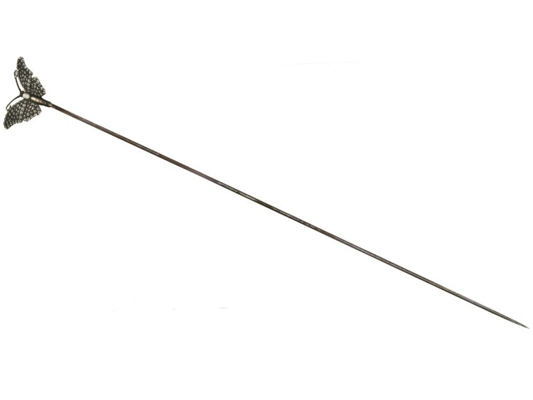 Edwardian Silver Butterfly Hatpin by Charles Horner