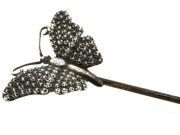 Edwardian Silver Butterfly Hatpin by Charles Horner
