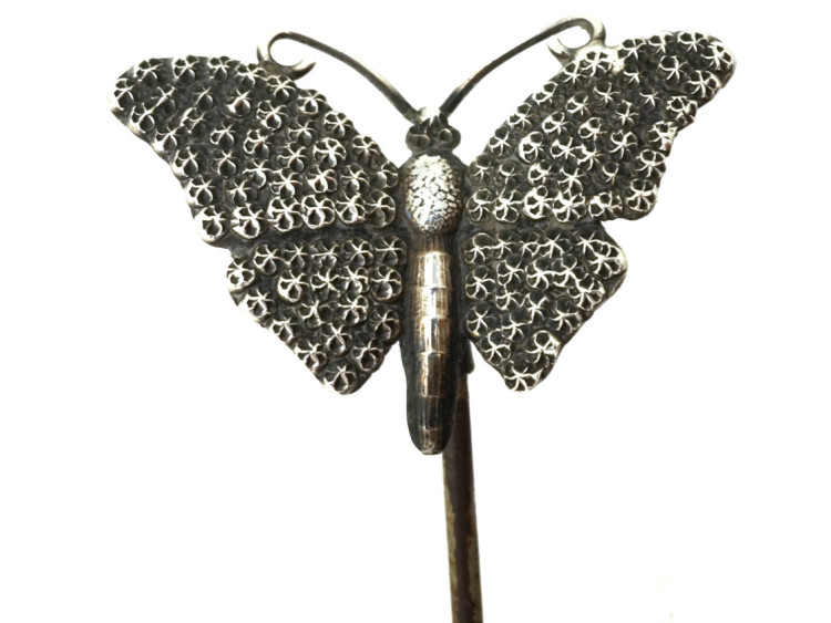 Edwardian Silver Butterfly Hatpin by Charles Horner