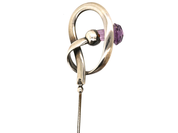 Art Nouveau Large Silver & Amethyst Glass Thistle Hatpin